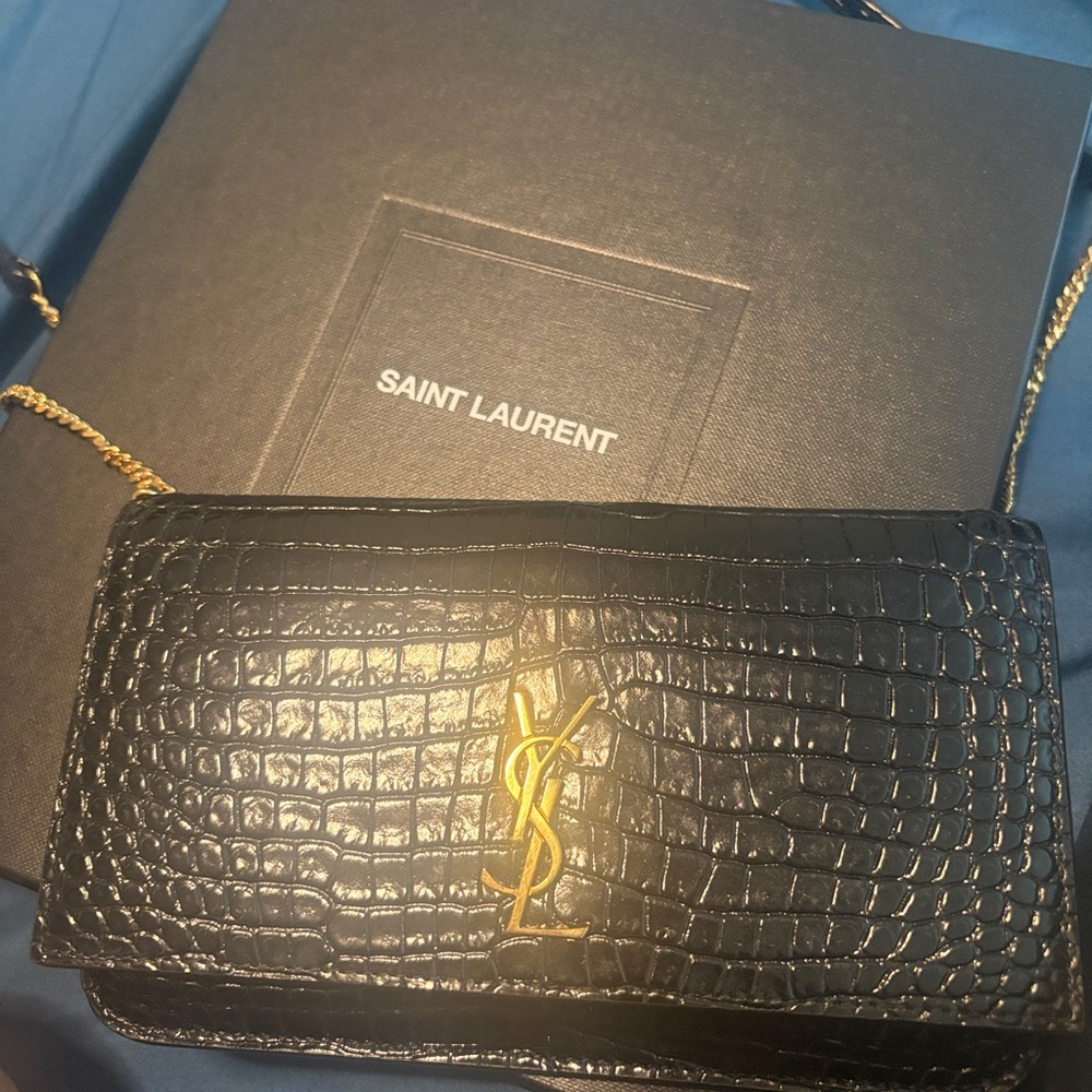 Saint Laurent Black Croc-Embossed Cassandre Crossbody Bag